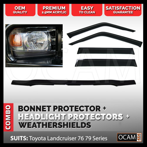 Bonnet & Headlight Protectors, Weathershields For Toyota Landcruiser 70 76 79 Series, 2017-10/2023