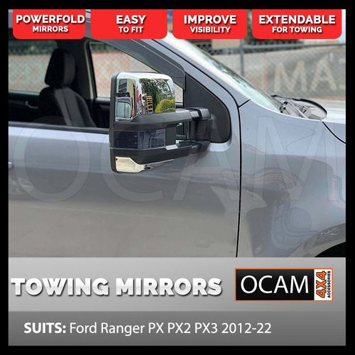 OCAM Powerfold Extendable Towing Mirrors for Ford Ranger PX PXMKII PXMKIII 2011-06/2022, Raptor, Chrome, Smoke Indicators, Electric