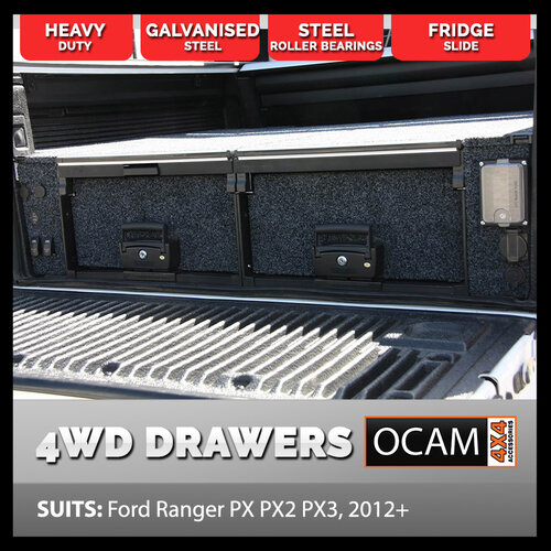 OCAM Rear Drawers for Ford Ranger PX PXMKII PXMKIII, 2011-06/2022, Dual Cab, Suits Factory Tub-Liner