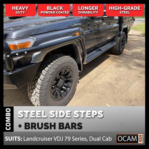 OCAM Heavy Duty Steel Side Steps & Brush Bars for Toyota Landcruiser VDJ 79 Series, Dual Cab, 2012-2023