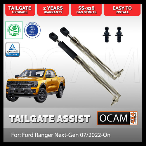 OCAM Tailgate Assist Strut Kit for Ford Ranger Next-Gen 07/2022+ Easy-Up & Slow-Down, Stainless Steel 316