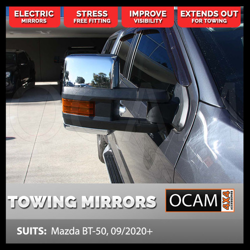 OCAM Extendable Towing Mirrors For Mazda BT-50, 09/2020+ Chrome, Indicators, Electric
