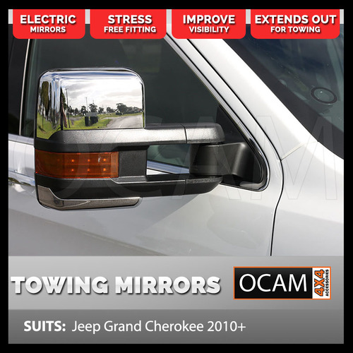 OCAM Extendable Towing Mirrors For Jeep Grand Cherokee 2011-Current Chrome Orange Indicators, Electric, BSM, Heated