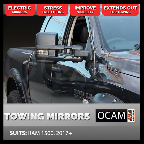 OCAM Extendable Towing Mirrors For RAM 1500 DS, 2017-22, Black, Electric, Heated, Puddle Lamp