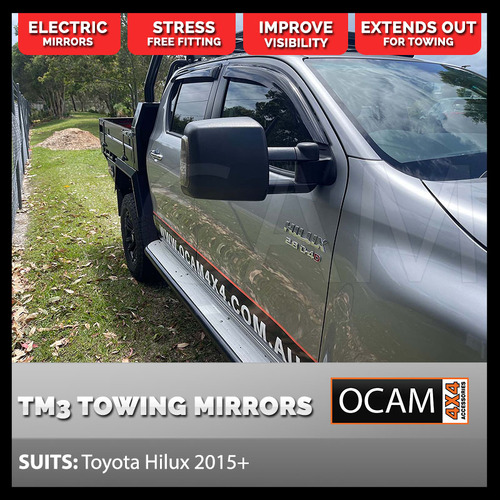 OCAM TM3 Towing Mirrors For Toyota Hilux N80 2015-22 Black, Smoke Indicators, Electric