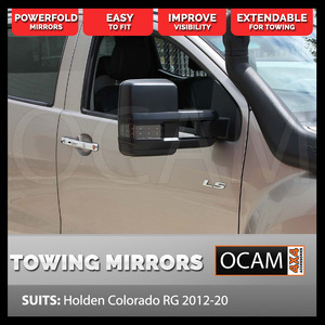 OCAM Powerfold Extendable Towing Mirrors For Holden Colorado RG 2012-20, Black, Indicators, Electric
