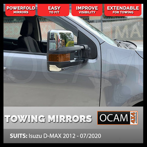 OCAM Powerfold Extendable Towing Mirrors For Isuzu D-MAX 2012-07/2020, Chrome, Indicators, Electric