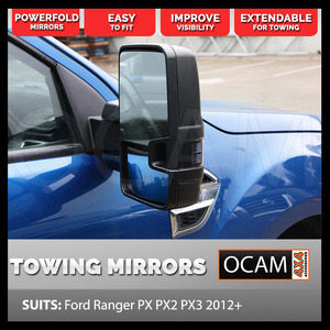 OCAM Powerfold Extendable Towing Mirrors For Ford Ranger PX 2011+, Raptor, Black, Smoke Indicators, Electric