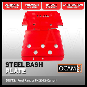 OCAM Steel Bash Plates For Ford Ranger PX 2012-Current, 4mm Steel Red (2nd style)