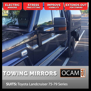 OCAM Extendable Towing Mirrors For Toyota Landcruiser 75 76 78 79 Series, Electric With Indicators