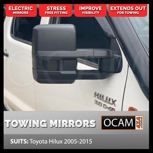OCAM Extendable Towing Mirrors For Toyota Hilux N70 2005-15 Black, Electric