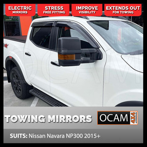 OCAM Extendable Towing Mirrors For Nissan Navara NP300 2015+ Black Orange Indicators, Electric