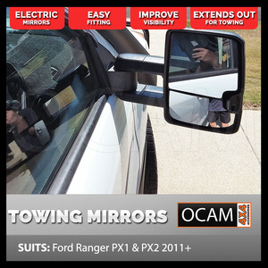 OCAM Extendable Towing Mirrors For Ford Ranger PX 2011-Current, Black, Electric