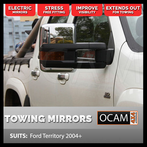 OCAM Extendable Towing Mirrors For Ford Territory 2004-16 Chrome, Orange Indicators, Electric