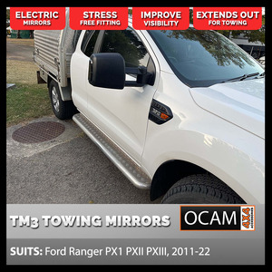 OCAM TM3 Towing Mirrors For Ford Ranger PX 2011-Current, Black, Electric