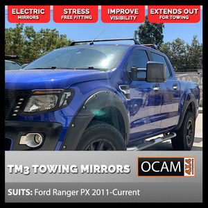 OCAM TM3 Towing Mirrors For Ford Ranger 2011-Current, Black, Smoke Indicators, Electric