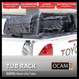 Aluminium Military Tub Rack, C-Type, with 130L Cargo Storage Boxes, Suits Single/Extra Cab With Longer Tubs, RAM, Silverado, F150/250