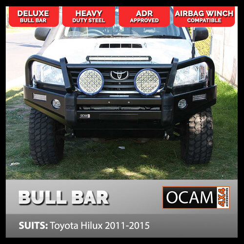 OCAM Deluxe Steel Bull Bar For Toyota Hilux N70 08/2011-15, Winch Compatible [Colour: Black] [Material: Steel] [Type: Bull Bar] [Category: Vehicle Pro
