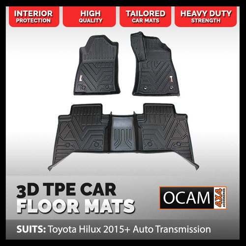 3D All Weather Floor Mats Liners For Toyota Hilux N80 Dual Cab 2015-Current TPE, Auto Transmission