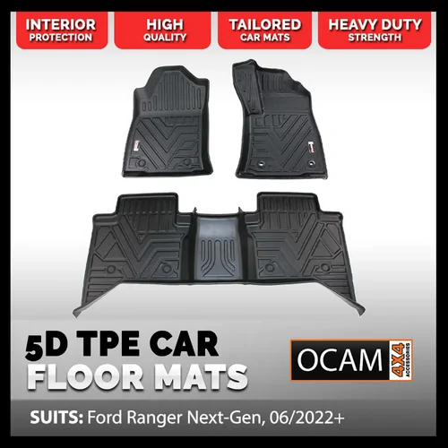 5D All Weather Floor Car Mats Liners For Ford Ranger Next-Gen, 07/2022-Current, Dual Cab, Including Super Duty