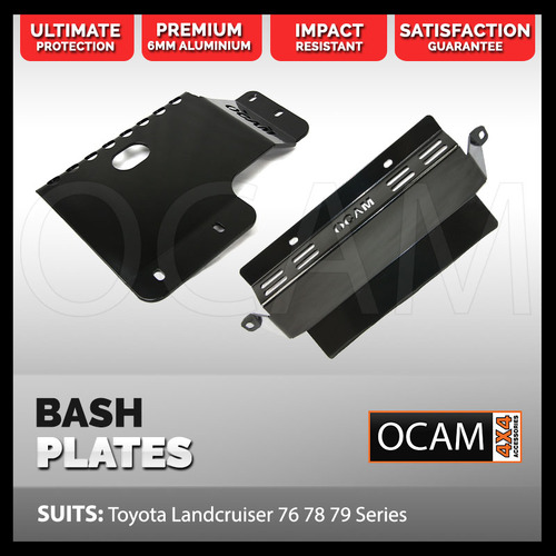 OCAM Aluminium Bash Plates For Toyota Landcruiser 70 76 78 79 Series Radiator & Transfer Covers, 6mm Black V8 Diesel