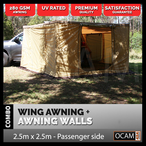 OCAM Wing Awning Round & 6 Panel Tent Awning Walls Combo 2.5m X 2.5m - Passenger Side