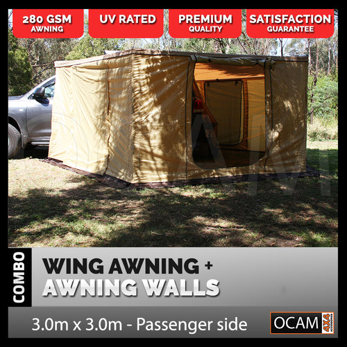 OCAM Wing Awning & 6 Panel Awning Tent Walls Combo 3.0m X 3.0m, Passenger Side