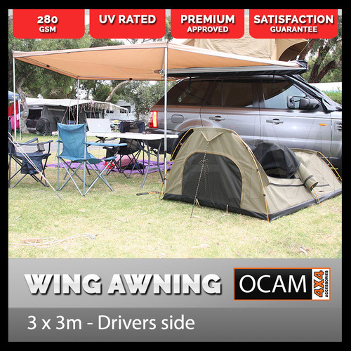 OCAM Wing Awning Drivers Side 3m x 3m 280g Cross Cotton Canvas 4x4 Camping