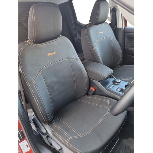 Wetseat Neoprene Seat & Console Covers for Ford Ranger RA XLT/Wildtrak/Sport Dual Cab 07/2022-Current in Black with Orange Stitching
