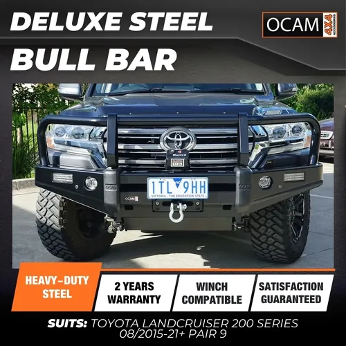 OCAM Deluxe Steel Bull Bar For Toyota Landcruiser 200 Series 08/2015-21+ Pair 9' LED Spot Lights