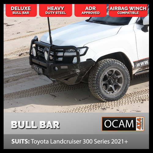 OCAM Deluxe Steel Bull Bar For Toyota Landcruiser 300 Series 2021-On , OCAM 12k Winch + 9' LED Spot Lights