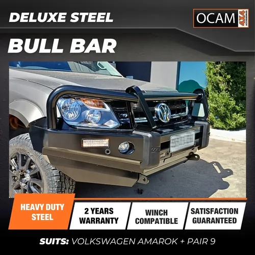 OCAM Deluxe Steel Bull Bar For Volkswagen Amarok + Pair 9' LED Spot Lights