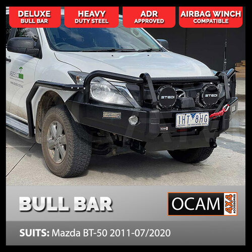 OCAM Deluxe Steel Bull Bar for Mazda BT-50 11/2011-08/2020 OCAM 12k Winch + 9' LED Spot Lights