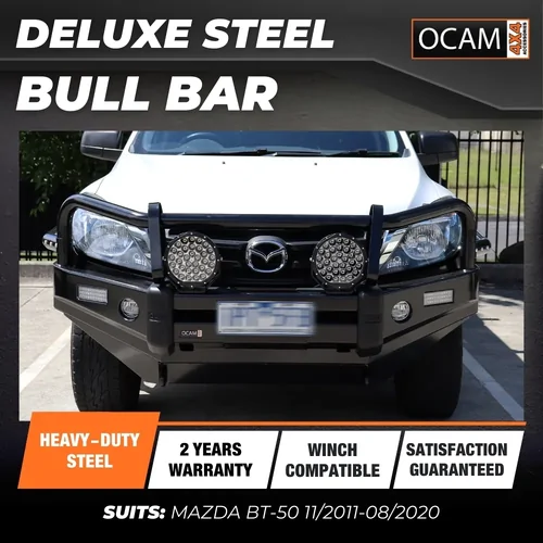 OCAM Deluxe Steel Bull Bar for Mazda BT-50 11/2011-08/2020 OCAM 9.5k Winch + 9' LED Spot Lights