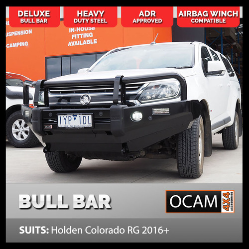 OCAM Deluxe Steel Bull Bar For Holden Colorado RG, 08/2016-20, OCAM 9.5k Winch + 9' LED Spot Lights