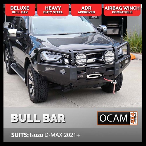 OCAM Deluxe Steel Bull Bar For Isuzu D-MAX 08/2020-Current OCAM 12k Winch + 9' LED Spot Lights