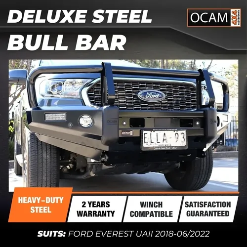 OCAM Deluxe Steel Bull Bar for Ford Everest UAII 2018-06/2022, OCAM 12k Winch + 9' LED Spot Lights