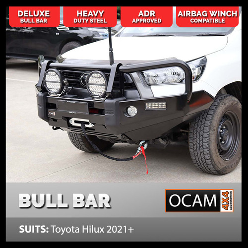 OCAM Deluxe Steel Bull Bar For Toyota Hilux N80 10/2018-Current ,OCAM 12k Winch + 9' LED Spot Lights