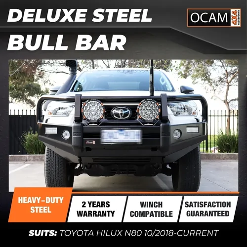 OCAM Deluxe Steel Bull Bar For Toyota Hilux N80 10/2018-Current ,OCAM 12k Winch + 9' LED Spot Lights