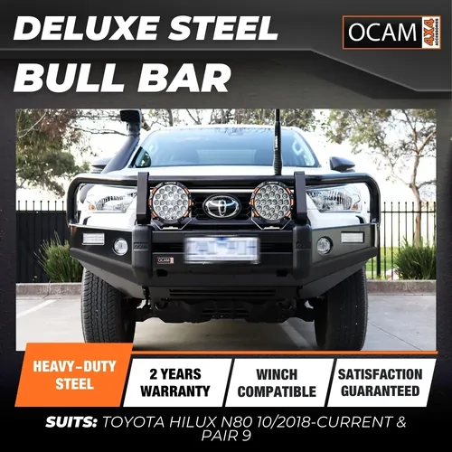OCAM Deluxe Steel Bull Bar For Toyota Hilux N80 10/2018-Current & Pair 9' LED Spot Lights