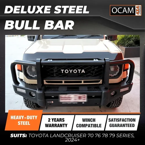 OCAM Deluxe Steel Bull Bar For Toyota Landcruiser 70 76 78 79 Series, 2024-On, OCAM 12k Winch + 9' LED Spot Lights