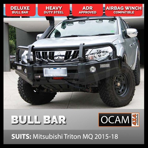 OCAM Deluxe Steel Bull Bar For Mitsubishi Triton MQ 05/2015-10/2018 OCAM 12k Winch + 9' LED Spot Lights