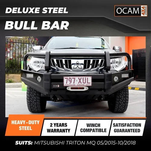 OCAM Deluxe Steel Bull Bar For Mitsubishi Triton MQ 05/2015-10/2018 OCAM 12k Winch + 9' LED Spot Lights