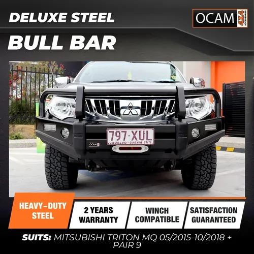 OCAM Deluxe Steel Bull Bar For Mitsubishi Triton MQ 05/2015-10/2018 + Pair 9' LED Spot Lights