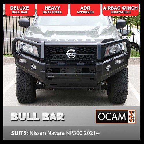 OCAM Deluxe Steel Bull Bar for Nissan Navara NP300 03/2021+, OCAM 12k Winch + 9' LED Spot Lights