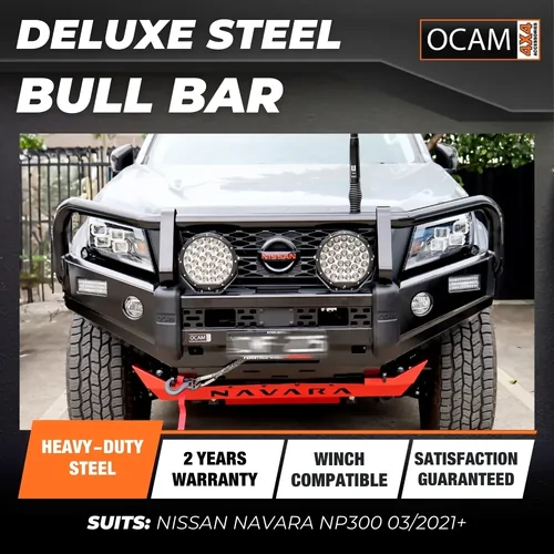 OCAM Deluxe Steel Bull Bar for Nissan Navara NP300 03/2021+, OCAM 12k Winch + 9' LED Spot Lights