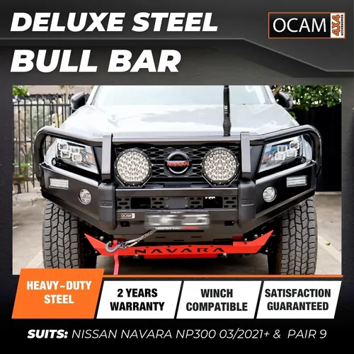 OCAM Deluxe Steel Bull Bar for Nissan Navara NP300 03/2021+ &  Pair 9' LED Spot Lights
