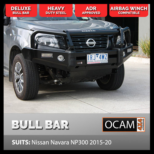 OCAM Deluxe Steel Bull Bar for Nissan Navara NP300 07/2015-02/2021 OCAM 12k Winch + 9' LED Spot Lights