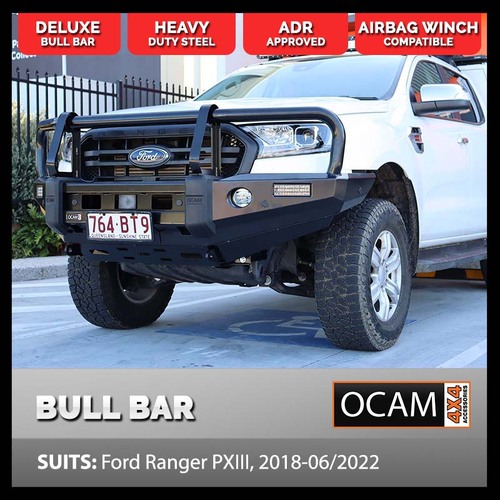 OCAM Deluxe Steel Bull Bar for Ford Ranger PX MKIII 2018-06/2022, OCAM 12k Winch + 9' LED Spot Lights