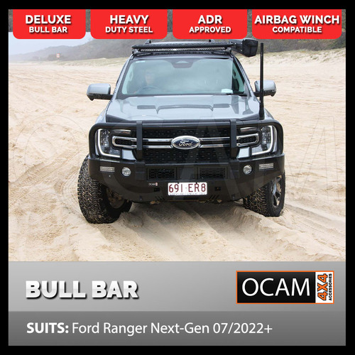 OCAM Deluxe Steel Bull Bar for Ford Ranger Next-Gen 07/2022+, OCAM 9.5k Winch & 9' LED Spot Lights